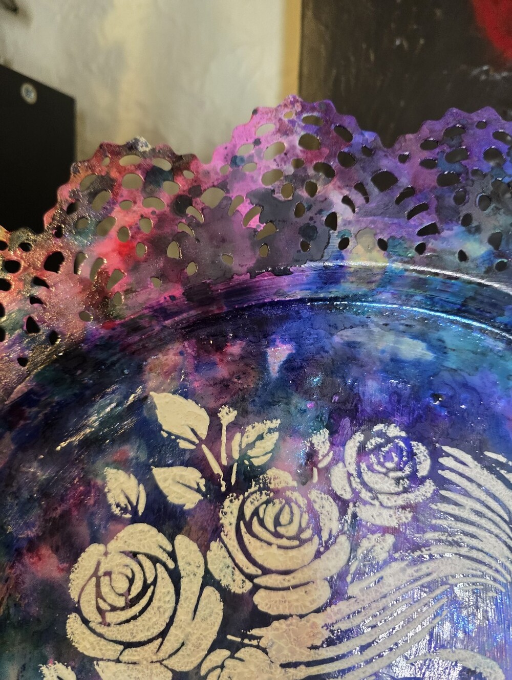 HANDCRAFTED Upcycled Metal Platter HANDPAINTED Tabletop Countertop Art Decor 15" - Picture 4 of 17
